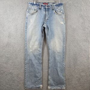 Plugg Men's Bootcut Jeans Blue Distressed Y2K Denim Size 32x34